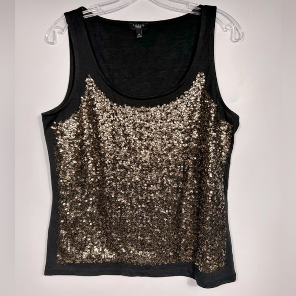 Talbots Tank Top Size LP Black/Gold Sequins Glam Party Preppy